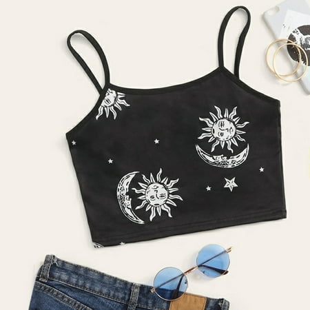 sebulube Women's Sexy Round Neck Sleeveless Print Slim Fit Crop Top Tank Top