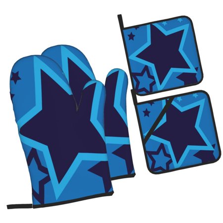 Blue Star Oven Mitts and Pot Holders Sets Baking Sets for Kitchen BBQ Gloves Heat Resistant Cooking Blue 4 Pieces