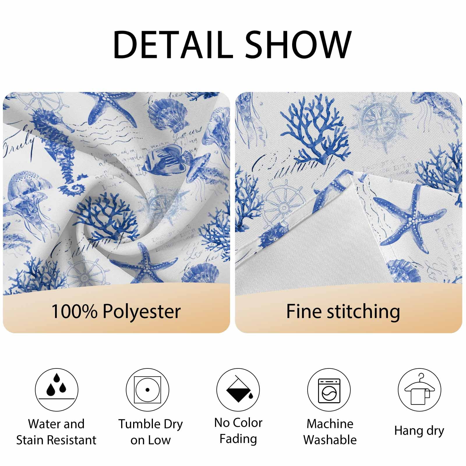 Round Tablecloth Watercolor Coastal Waterproof Oil Proof Polyester Table Cloth Cover Decor for Home Dining Outdoor,Patio,Parties, 60" Dia. Seahorse Starfish Pattern Blue