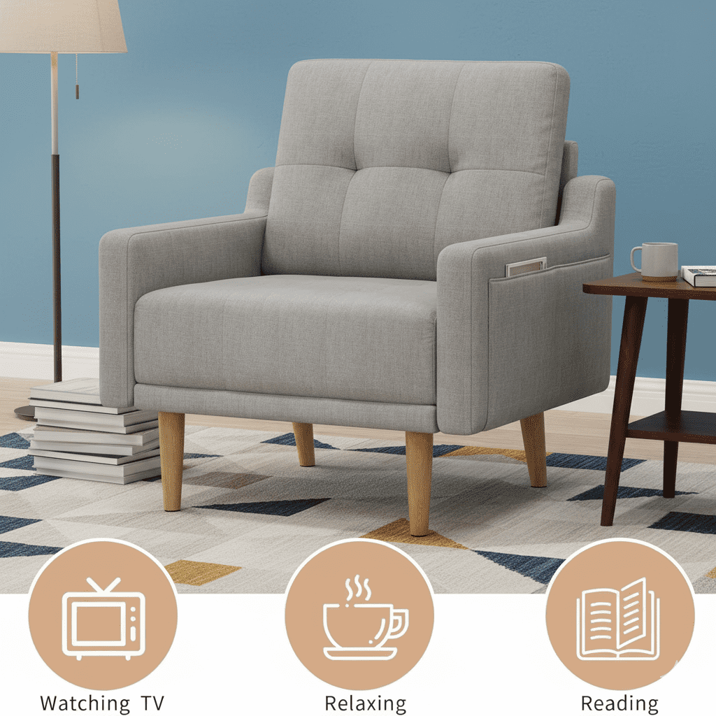 Mid Century Modern Accent Chair Reading Chair with Wood Legs, Upholstered Armchair Fabric Single Sofa Chair for Living Room & Bedroom (Light Gray)