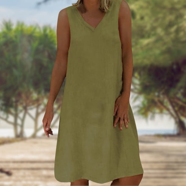 Vestido De Chaleco Vestido casual para mujer Sin mangas Color sólido Cuello en V Traje de vacaciones (Verde XXL) Kuymtek para Mujer Verde T M