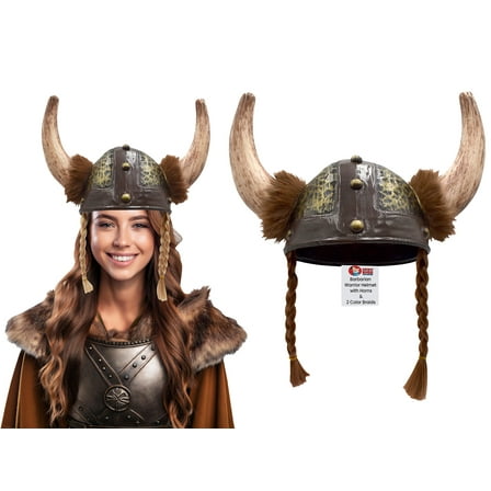 Adult Nordic Viking Helmet with Horns Braids Barbarian Warrior Costume Accessory