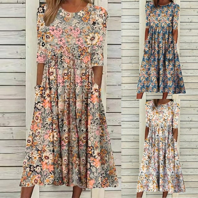 2024 Longues Robes Maxi à Bretelles Spaghetti pour Femmes Été, Robes Maxi à Manches Courtes à Fleurs pour Femmes Grande Taille, Robes d'Été Décontractées à Col Rond pour la Plage Robe Évasée, Robe Maxi Fluide à Étages pour Femmes pour la Plage