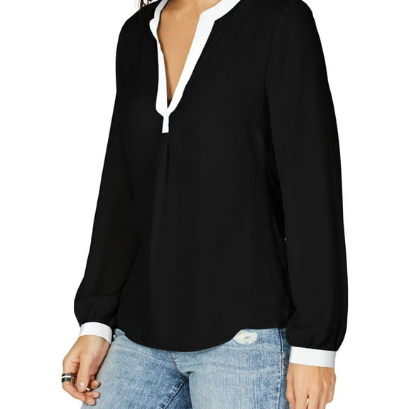 I.N.C Womens Contrast Trim Pullover Blouse, Black, X-Small