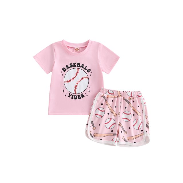 Mialoley Ensembles de Shorts d'Été pour Filles Tout-Petits, Hauts à Manches Courtes Roses avec Imprimé Baseball