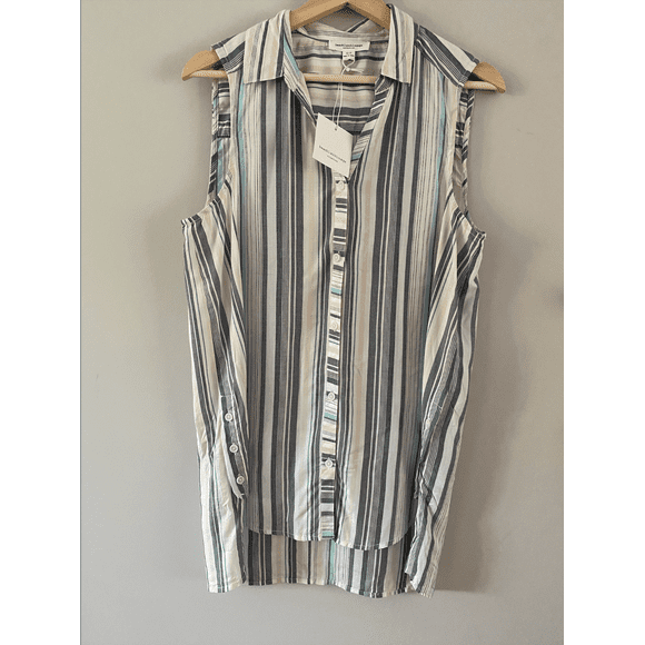 Beach Lunch Lounge Striped Sleeveless Top Side Buttons Size S green and grey