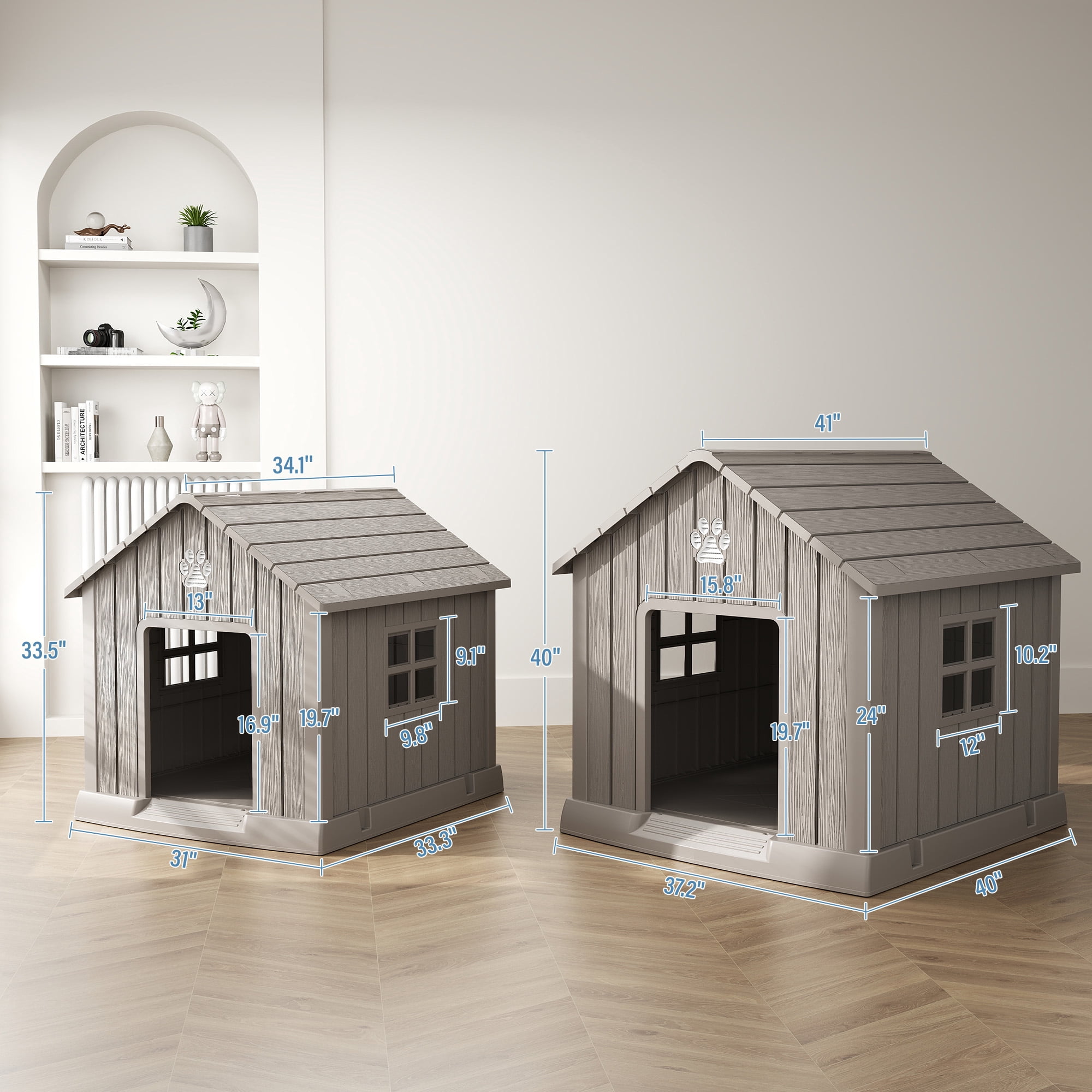 Nihsuao Dog House, Weatherproof Resin Dog House for Small Medium Dogs with Air Vents & Windows, Elevated Floor, Pet Shelter for Indoor & Outdoor, Gray, 31" L x 33.3" W x 33.5" H
