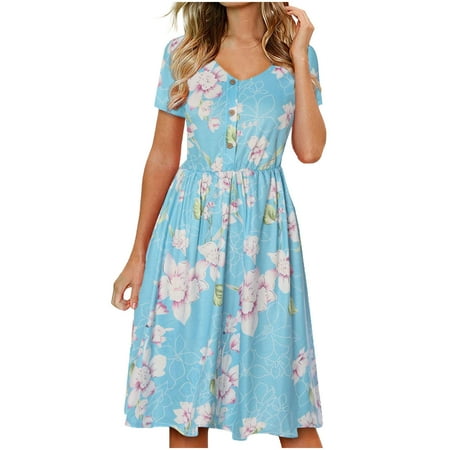 

Juebong Women Off Shoulder Dresses Summer Casual V-Neck Button Pockets Vacation Beach Mini Dress