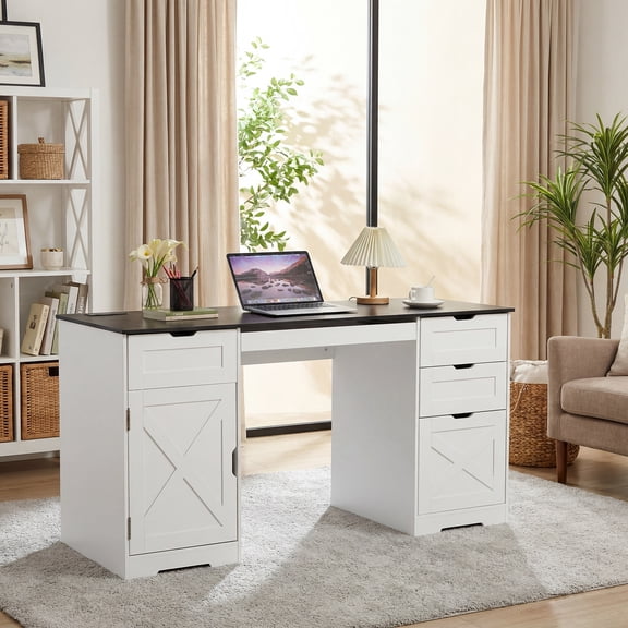 59-Inch Farmhouse Executive Office Desk with 4 Drawers, Built-In Charging Station, Keyboard Tray, Adjustable Shelf and 400 lb Capacity, White with Black Tabletop