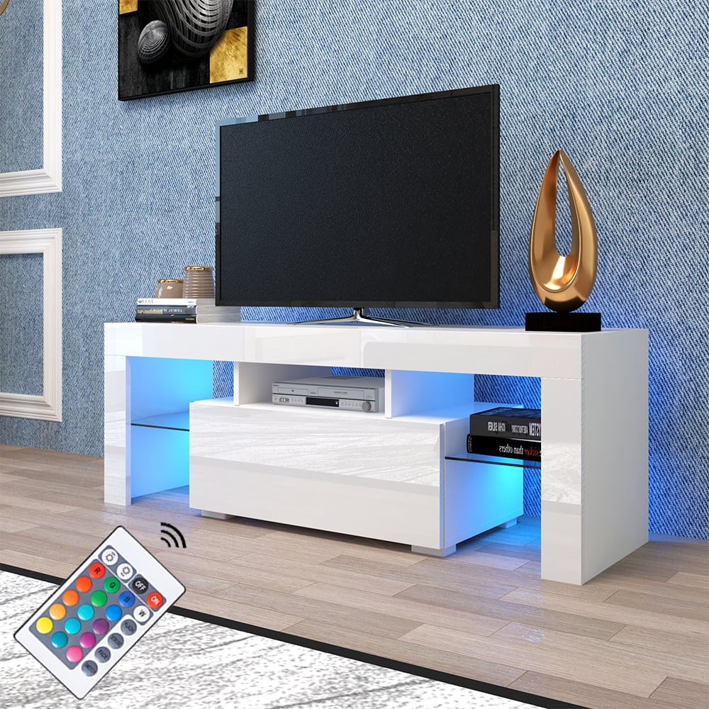 Modern 120cm TV Unit Cabinet Stand White High Gloss 2 Doors Sideboard RGB LED