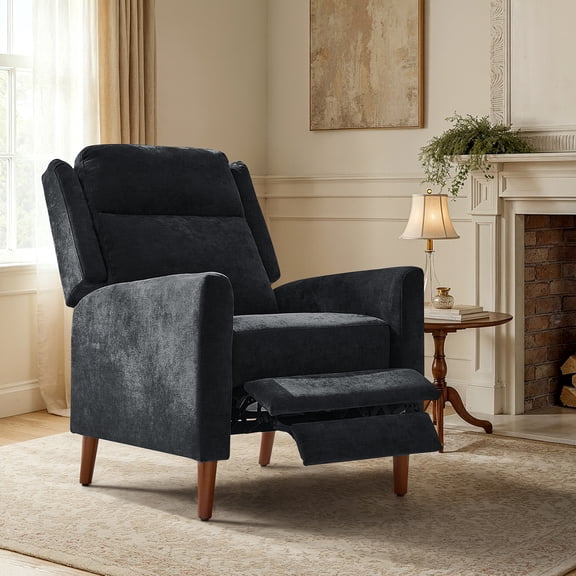 Modern Chenille Push Back Recliner Chair with Wingback for Living Room, Bedroom, Reading Room, Black