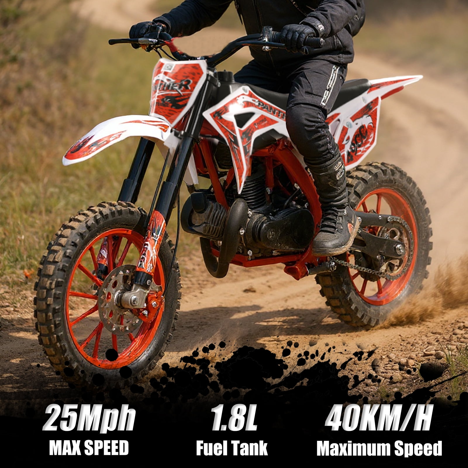 Cixusio 2-Stroke Kids Dirt Bike 49cc Gasoline Motocross Pocket Motorbike Off Road Mini Motorcycle with Front Rear Disc Brakes Racing Max Speed 40KM/H Red