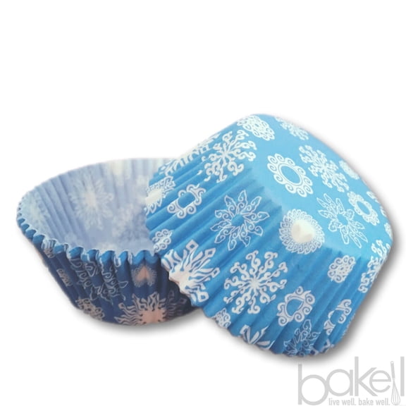 Blue & White Snowflake Cupcake Liners (25pcs, Standard Size) Grease Resistant Cake Liners for Baking, Caking and Crafting by Bakell
