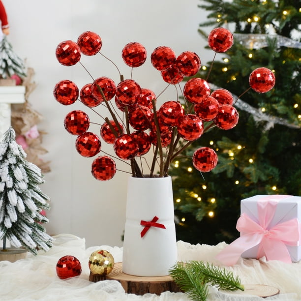 Adorno de espejo de lentejuelas de bola de Navidad | Decoración festiva de vacaciones | Rama de espuma plástica | 40cm | Rojo Oro Plata Verde Rosa | Decoración de arreglo versátil | 1 Pieza | Adorno