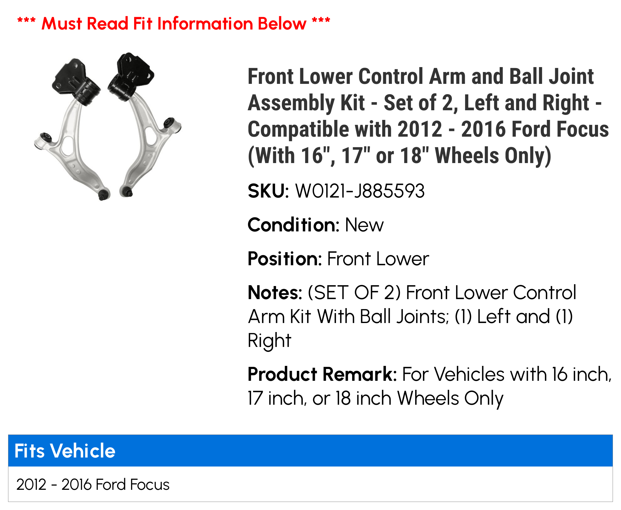 Front Lower Control Arm Kit With Ball Joints For Ford Focus 2012-2016 – 8-Piece Set, Greasable