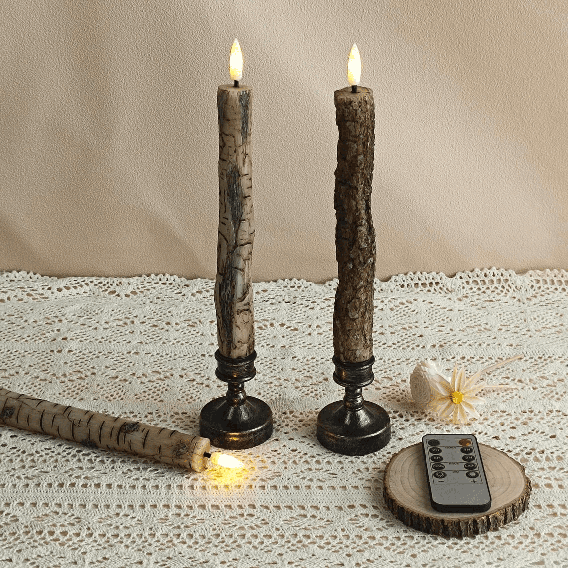 9.8 Inch Flameless Taper Candles, Tree Trunk Design LED Candle with Timer Remote Control，Battery Operated Real Wax Taper Candles for Home Decor，2PCS