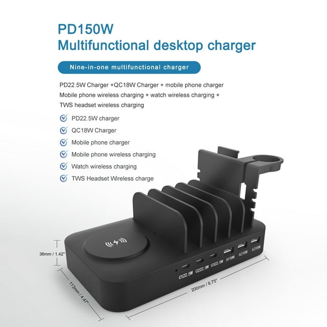 Phone Charging Station For Multiple Devices Fast 150w 9 Port For Mobile Phones Tablets Watches e-Books