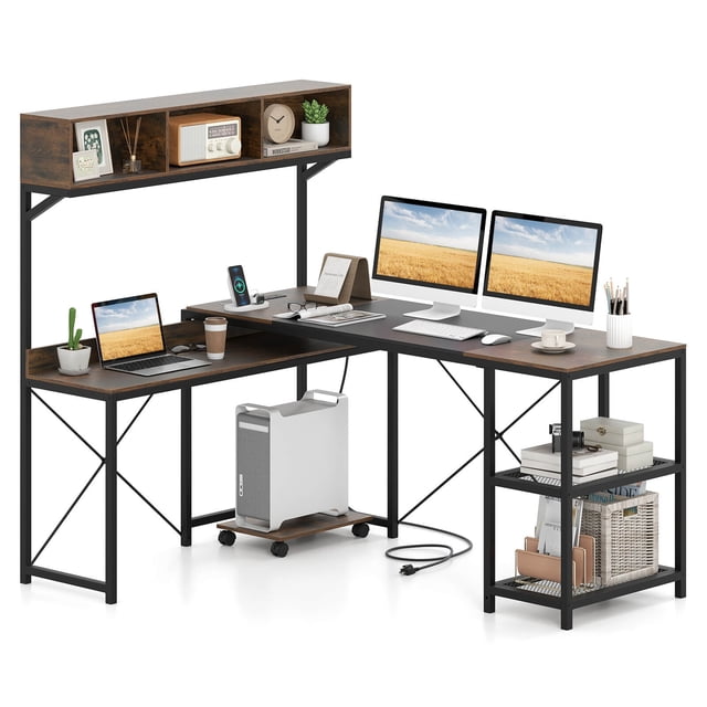 Costway L-Shaped Computer Desk with Power Outlets, 62" Corner Desk with Storage Hutch
