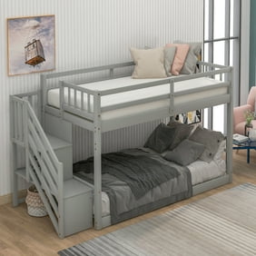 Euroco Wood Twin Over Twin Floor Bunk Bed with Stairs for Kids Room, Gray