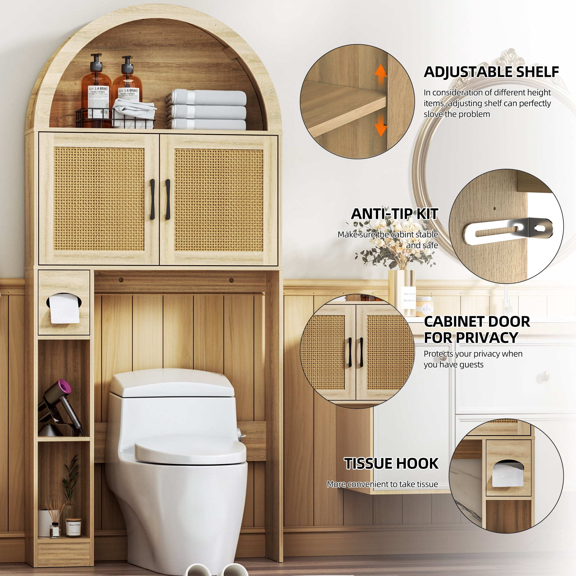 AHB Over Toilet Storage Cabinet with Arc Design, Freestanding Bathroom Organizer with Doors, 7.7"D x 30.5"W x 67.7"H, Wood Color