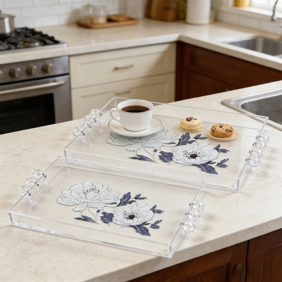 Horivan 2PCS Acrylic Serving Trays with Handles, Leakproof Raised Edge, Decorative Platter for Breakfast in Bed, Dinner Party, Appetizers, Patio Entertaining, and Coffee Service