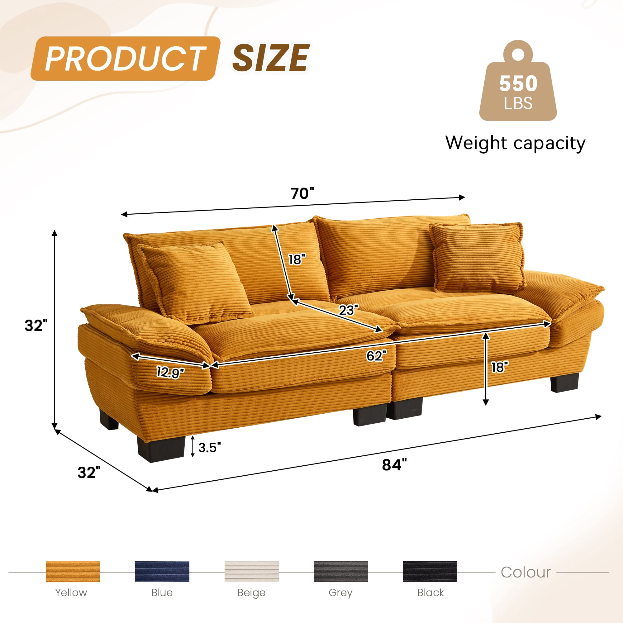 Dinosisco 84"L Deep Seat Sofa, Corduroy Upholstered Sleeper Couch for Living Room, Yellow