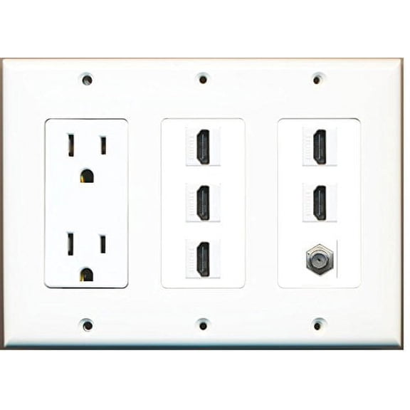 RiteAV - (3 Gang 15A Power Outlet 5 HDMI Coax Cable TV Wall Plate White