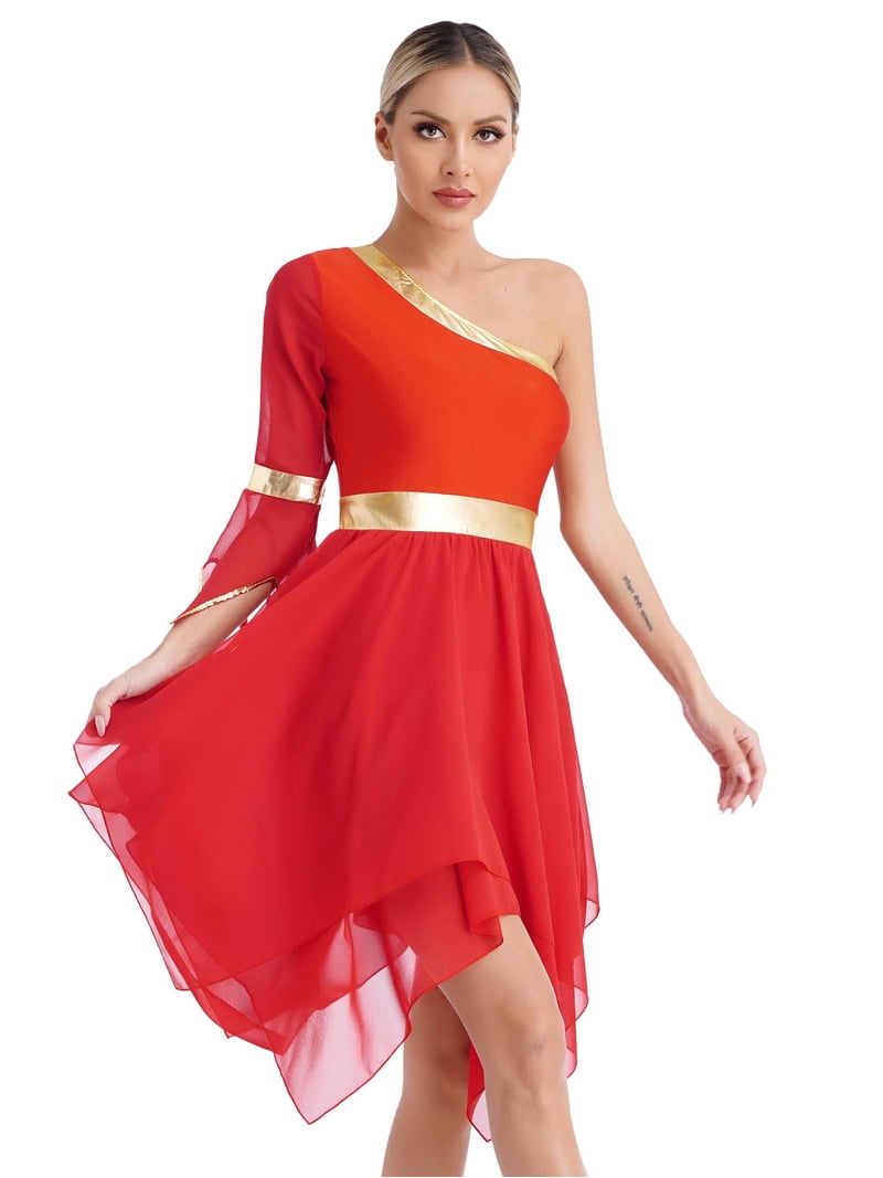 one shoulder flare sleeve dress Elegant One Shoulder Midi Dress with Dramatic Sleeve 40033