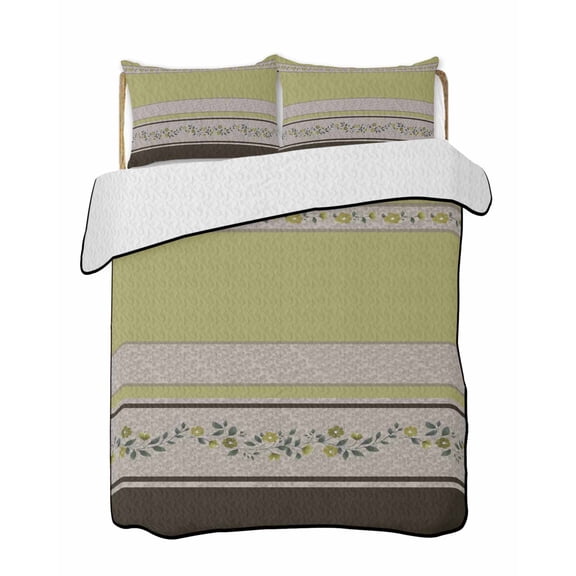 Quilts Full Size Bedding Set, Sage Green Floral Lightweight Quilted Comforter, Modern Farmhouse Leaves Brown Striped Soft Reversible Bedspread Coverlet with Pillow Covers for All Season, 78" x 90"