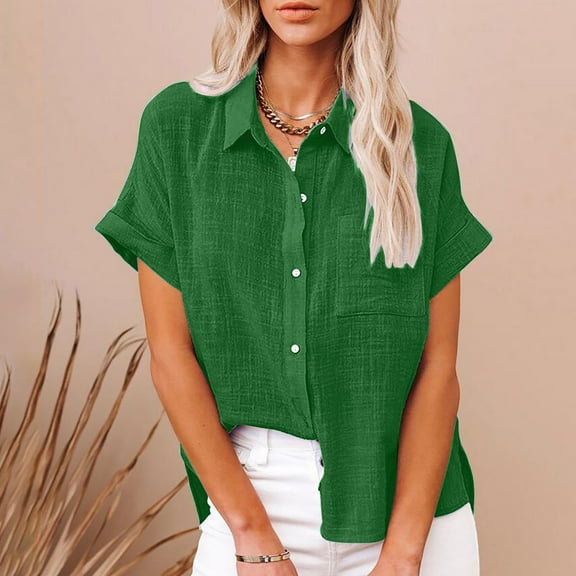 Munlar Womens T Shirts Green Short Sleeve V Neck Solid Button Tops for Women