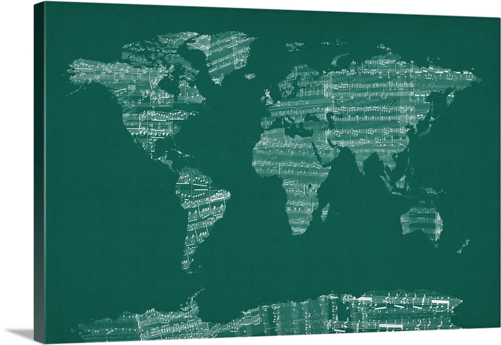 Great BIG Canvas | "Sheet Music World Map, Green" Canvas Wall Art - 36x24