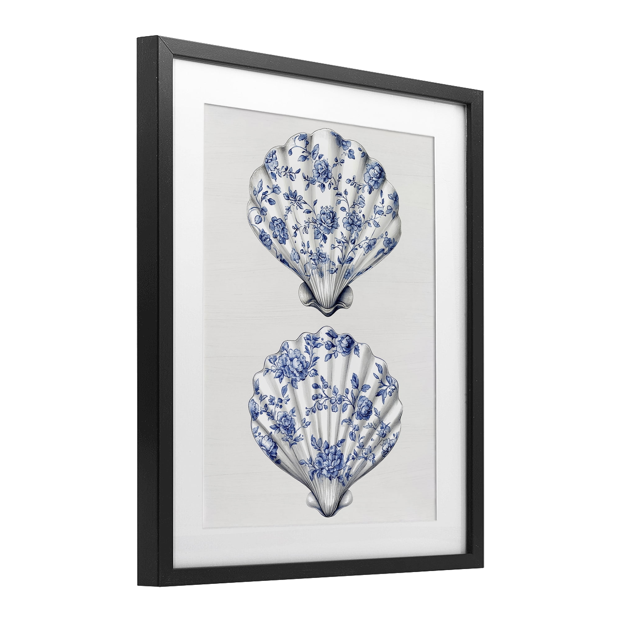 Delicate Toile Seashells Black Framed Print Under Glass, design by Lettered and Lined