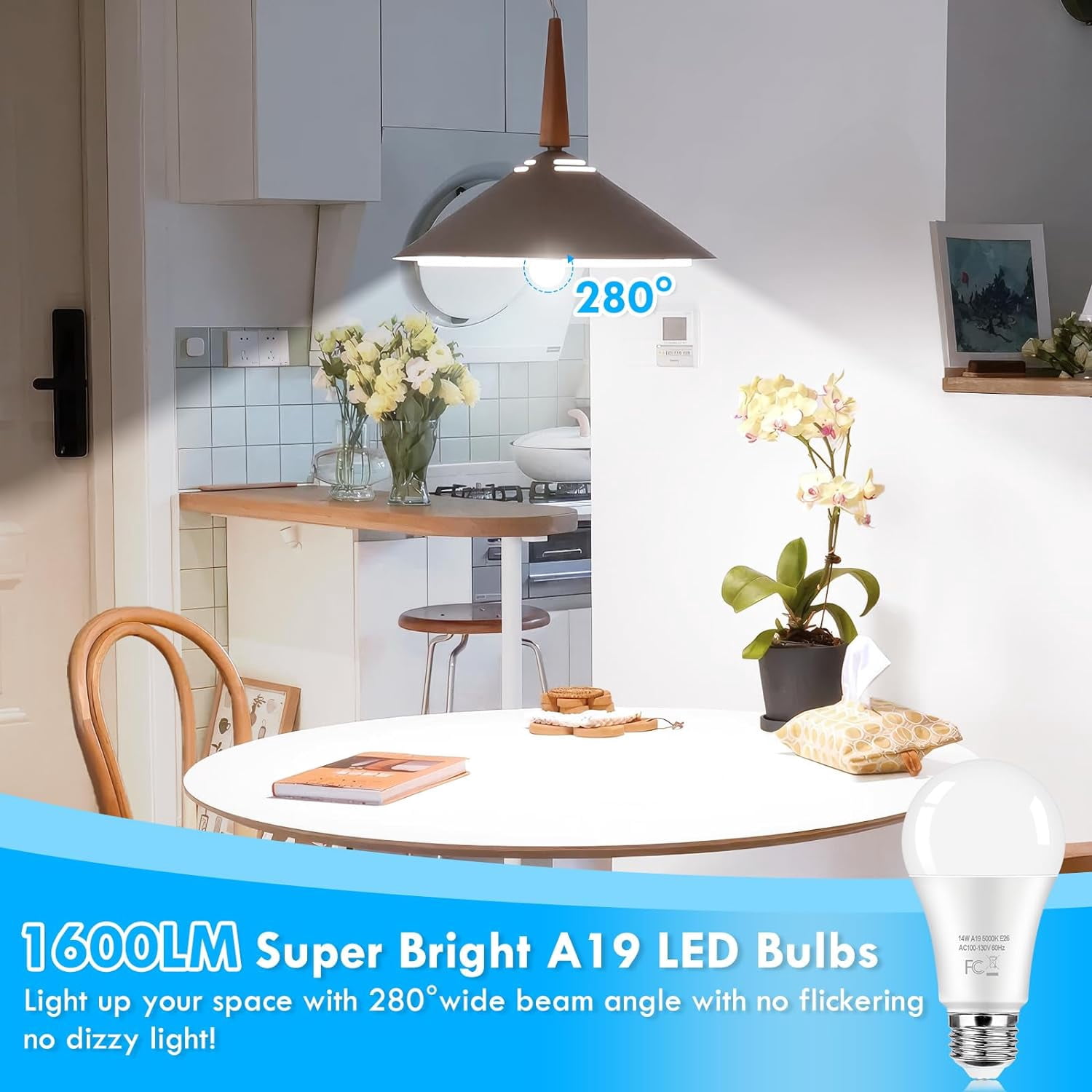 LED Light Bulbs 100 Watt Equivalent 1600 Lumens A19 14W Super Bright Daylight White 5000K Bulbs Standard E26 Medium Screw Non-Dimmable 25000+Hrs Lifespan No-Flicker 12-Pack