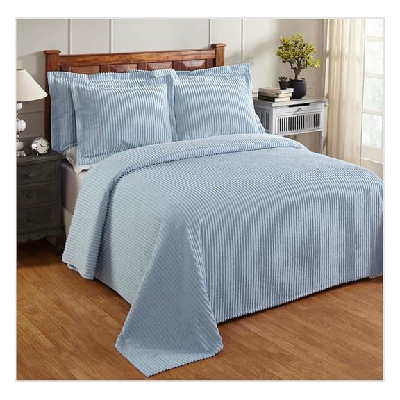 Chenille Bedspread Queen Size 102x110 100% Cotton Tufted Stripe Coverlet for Bedroom Sleep Decor Soft Lightweight Blue