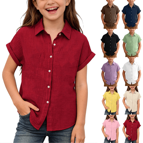 VBTAPA Kids Textured Shirts Lapel Short Sleeve Button Down Blouses Boys Girls Summer Casual Beach Tops Brown 140