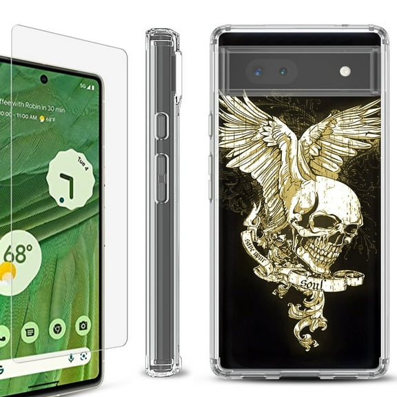 Shockproof Bumper Phone Case for Google Pixel 6a, with Tempered Glass Screen Protector, by OneToughShield ® - Wing Skull