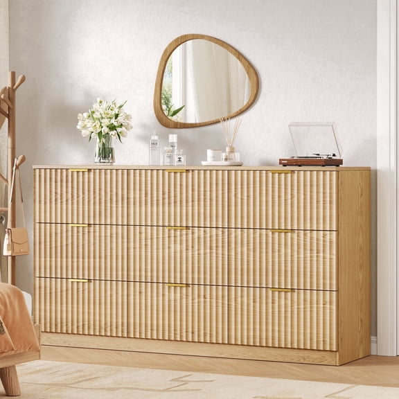 NVCODSA 60.3" Wide 9 Drawer Dresser for Bedroom, Wooden Chest of Drawers with Metal Handles, Fluted Storage Cabinet for Living Room, Natural
