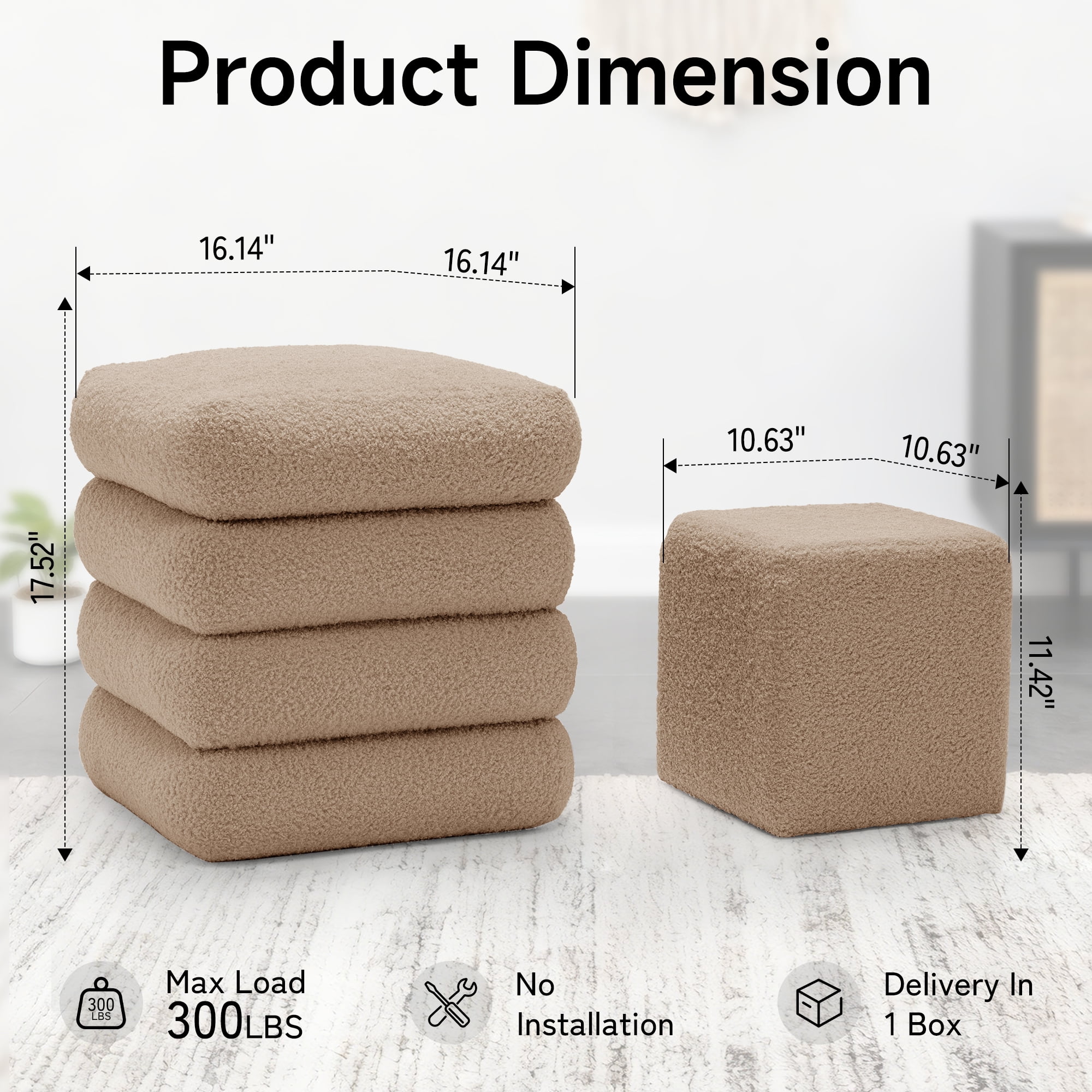 Korser Square Ottoman with Storage Set of 2,Upholstered Teddy Vanity Stool for Living Room,Bedroom,Khaki