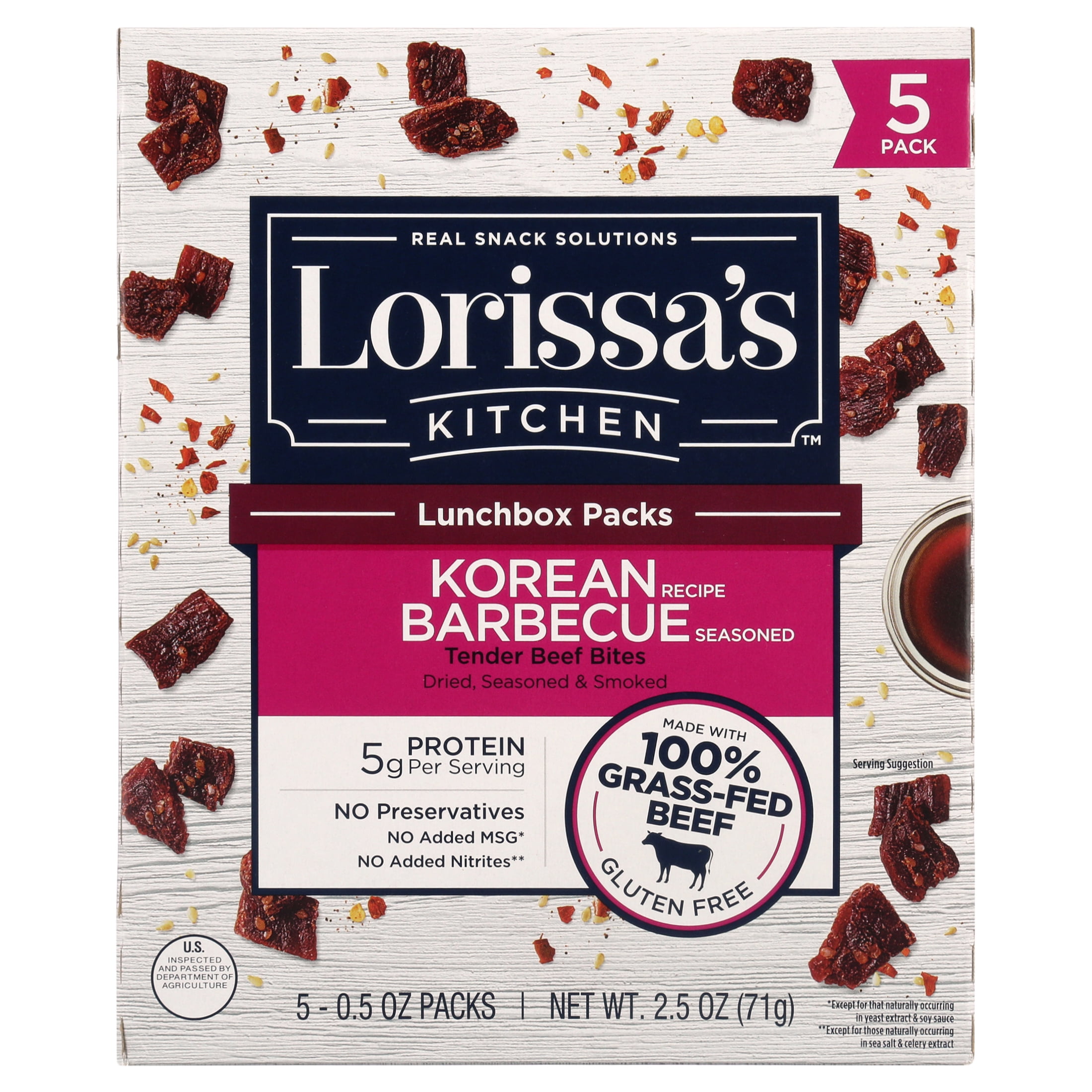 Lorissa's Kitchen Beef Bites, Korean Barbecue. Meat Snack Packs, 5ct 0.5oz