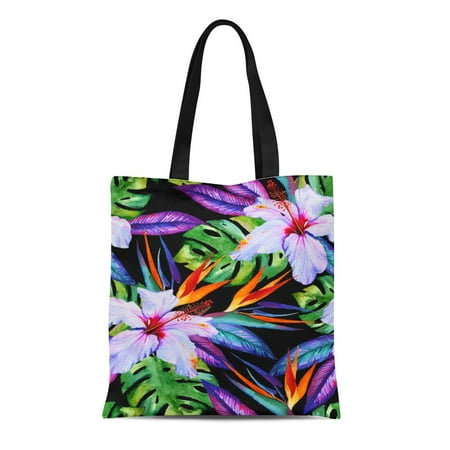 Hibiscus Purse - SIDONKU Canvas Tote Bag Watercolor Exotic Pattern Hibiscus Plumeria Monstera Palm Bird Reusable Shoulder Grocery Shopping Bags Handbag