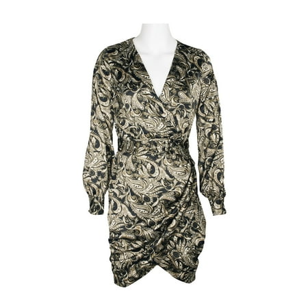 Laundry V-Neck 2 Button Cuff Long Sleeve Gathered Side Zipper Back Tie Waist Short Satin Dress-BLACK MULTI / 6