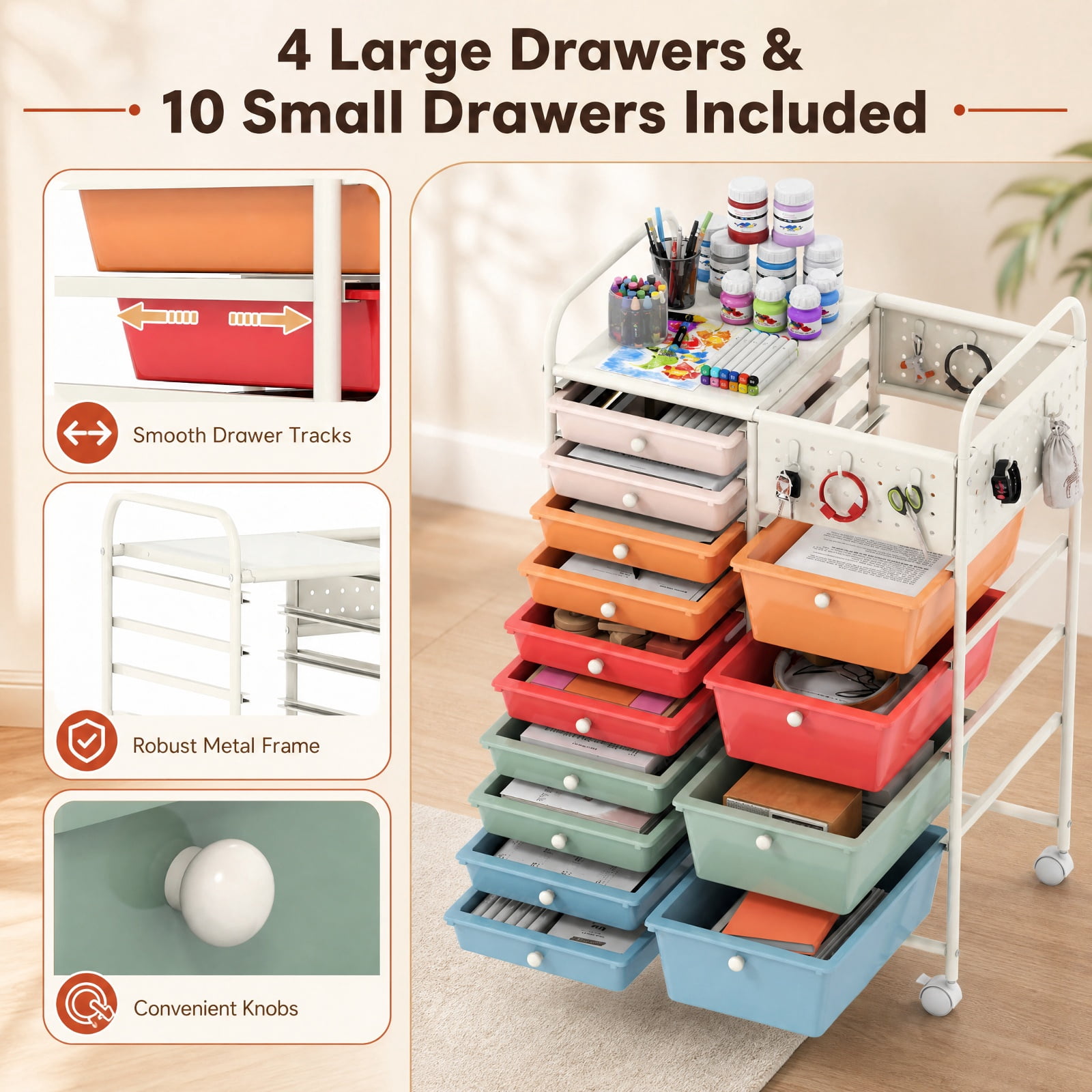 Furnibear 14 Drawer Rolling Storage Cart with Metal Tabletop Pegboard and Locking Wheels for Kitchen Office and Classroom Organizing, Macaron