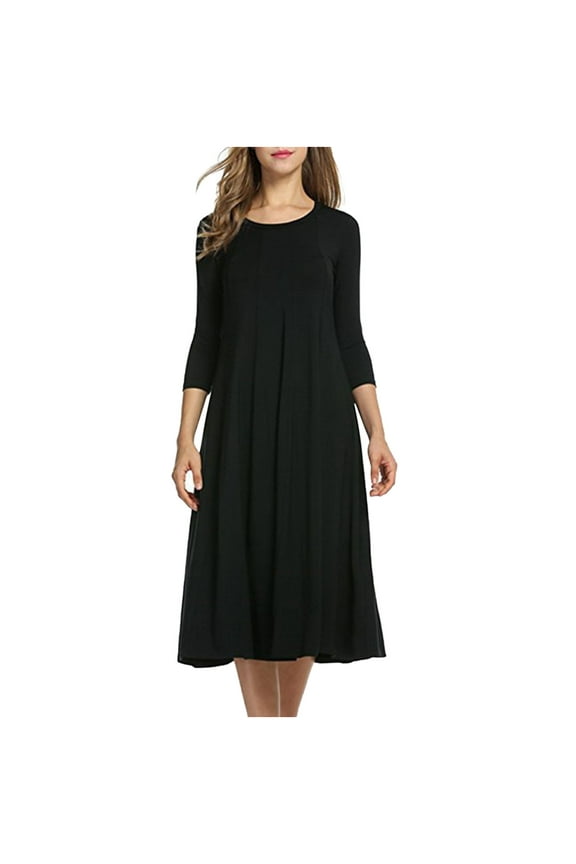 Miss Dress Fall Clothes Women's Fashion Loose Casual Pleated Seven-cent Sleeve Pure-color Dress