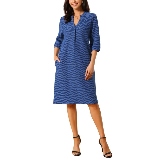 Vestidos de Otoño para Mujeres Casual de Manga 3/4 con Cuello en V, Estampado Zigzag, Suelto, Largo hasta la Rodilla con Bolsillos L Azul Real