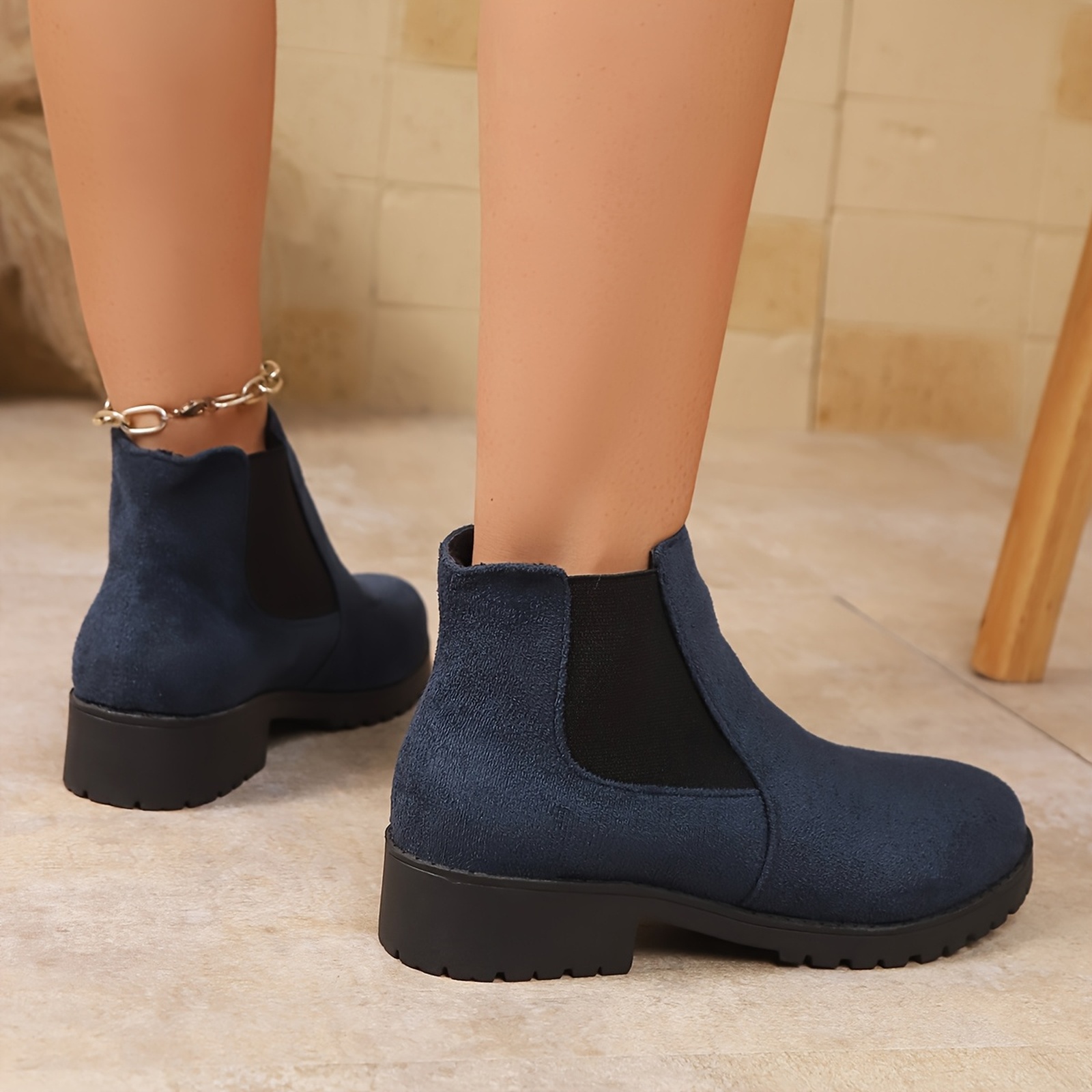 Willtoo Women's Ankle Boots Chunky Low Heels Booties Slip On Elastic Fall Short Boots Women Round Toe Casual Solid Suede Comfortable Bootie Outdoor Non-Slip Hiking Riding Boot Walking Shoes Navy