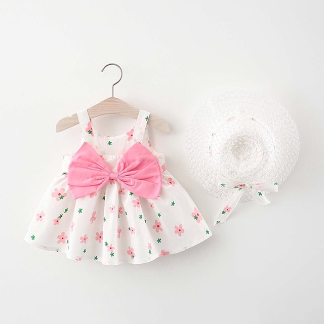LSLJS Robe à Bretelles d'Été pour Tout-Petits, Enfants, Bébé Fille avec Imprimé Nœud et Chapeau, Robes pour Filles