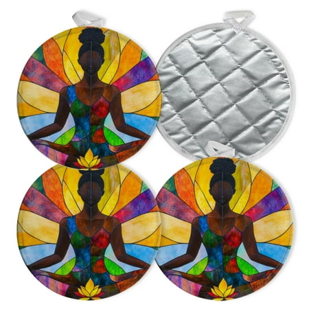 

4 PCS Pot Holders for Kitchen Potholders Sets with Hook for Oven Cooking Baking Black Woman Meditating In Lotus Position