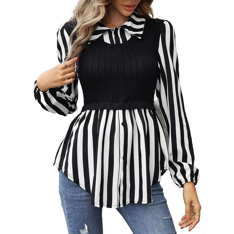 Casual Striped Collar Top Long Sleeve Black and White Women's Tops (Women's)