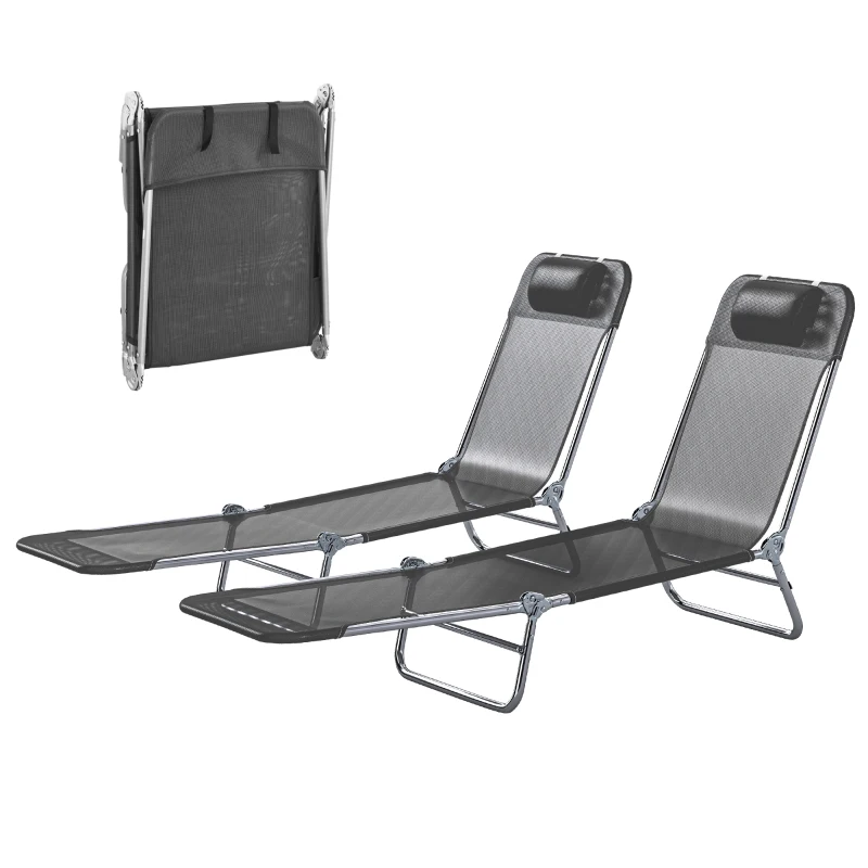 Handy Folding Chaise Lounge Chairs 2 Piece Set 5 Position Adjustable Backrest Breathable Mesh Fabric Head Pillow Portable Outdoor Pool Beach Sun Loungers