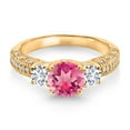 thumbnail image 2 of Gem Stone King 18K Yellow Gold Plated Silver Pink Mystic Topaz White Lab Grown Diamond and White Moissanite Engagement Ring for Women (2.27 Cttw, Gemstone, Round 7MM and 4MM, Size 7), 2 of 3